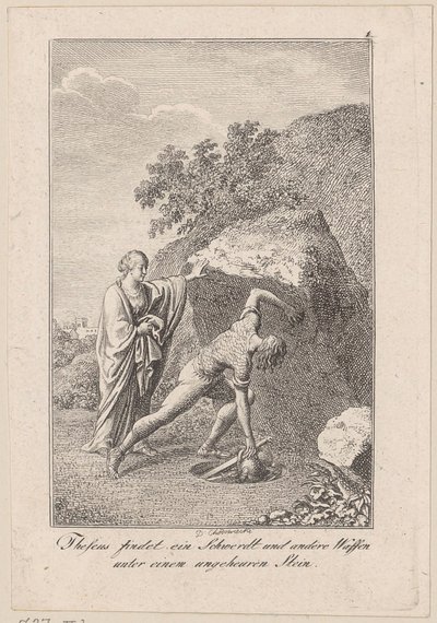 Theseus finder et sværd og andre våben under en sten, blad 1 til Beckers "Theseus" af Daniel Nikolaus Chodowiecki