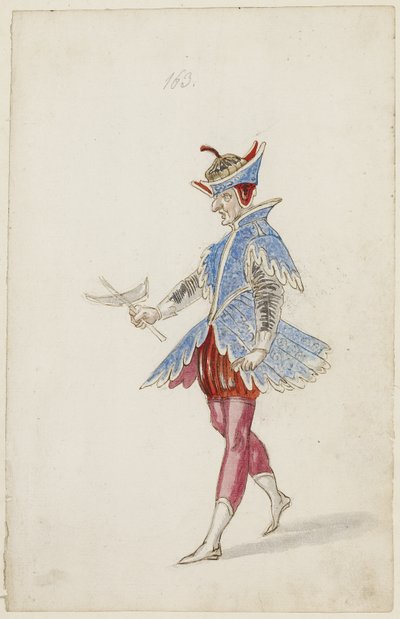 Mandsfigur i blåt og rødt kostume fra Ballet des quatre saisons de lAnnee, 1626 (brunt blæk, wc & metallisk maling over en undertegning af sort kridt på lagt papir) af Daniel Rabel