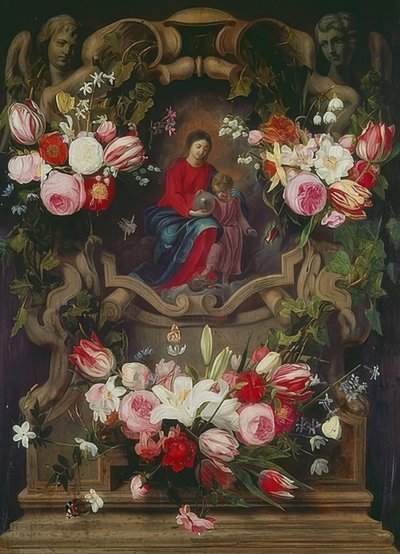 Blomsterkrans med Madonna og barn af Daniel Seghers