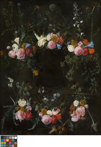 Skulpteret kartouche prydet med blomsterkranse af Daniel Seghers