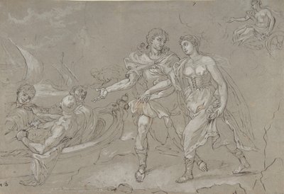 The Rape of Helena, verso: Studie af en knælende nøgen mandlig figur, slutningen af det 17.-18. århundrede. af Daniel Seiter