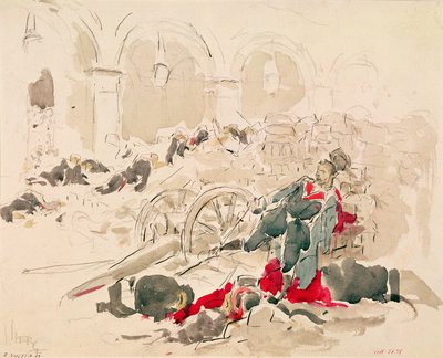 Barrikade på Rue de Rivoli under Pariserkommunen af Daniel Urrabieta Vierge