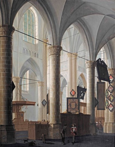 The interior of the Grote Kerk in Dordrecht, with figures conversing and children playingdani af Daniel de Blieck