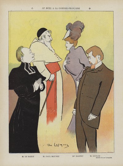 Opførelse af stykket Le Duel på Comedie-Francaise. Illustration til Le Rire af Daniel de Losques