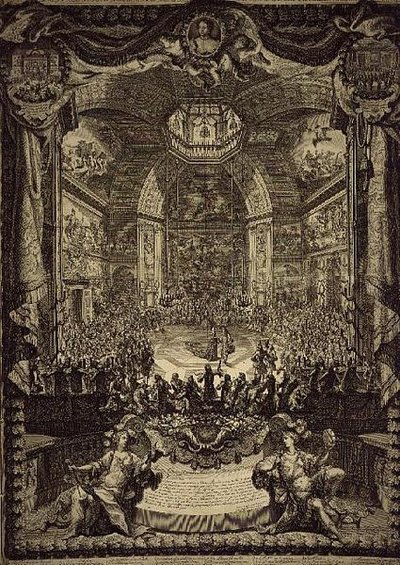 Den store fest for H.R.H. prinsessen af Orange, fejret i december 1686 i Salon du Bois i Haag, til ære for prinsen af Oranges fødselsdag (stik) af Daniel the Elder Marot