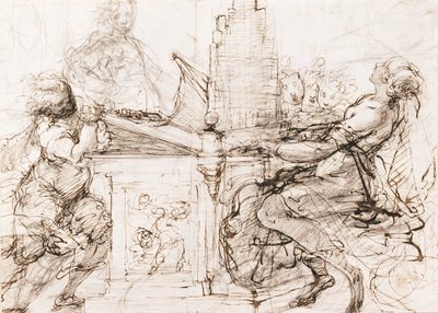 Sankt Cecilia af Rom spiller orgel (Saint Cecilia ved orglet) - Værk af Daniele Crespi (1598-1630), kridt og akvarel på papir af Daniele Crespi