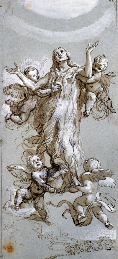 Maria Magdalenas antagelse guidet af engle Tegning af Daniele Crespi (1598-1630) 1600-tallet Madrid, Prado Museum af Daniele Crespi