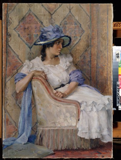 Kvinde i hvidt (Dame i hvidt). Maleri af Danill Karpovich Kraynev (1872-1949), olie på lærred, russisk moderne kunst, slutningen af ​​det 19.-begyndelsen af ​​det 20. århundrede. Det regionale kunstmuseum W. Wereshchagin, Mykolaiv (Ukraine). af Danil Karpovich Kraynev