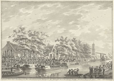 Amsterdammers ankomst til Utrecht, 1787 Udsigt over ankomsten af ​​Amsterdam-borgerne ved Utregt ved De Rooy Brug. Efter Den Dom at se. 1787. (titel på objekt) af Daniël Kerkhoff