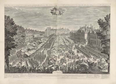 Haag-messen med Prinsen og Prinsessen af ​​Orange, 1686 Haag-messen med det stigende burgerry-sig, der præsenterer for hendes kongelige højheder min herre prinsen og fruen prinsessen af ​​Orange / Foire de la Haye, avec les bourgois sous les armes, sa af Daniël Marot (I)