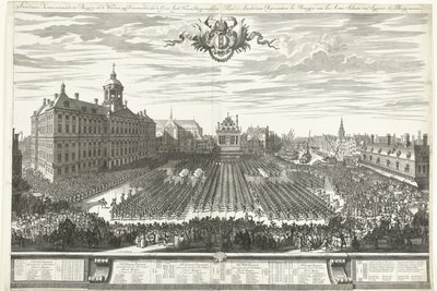 Bevæbnede mænd på Dam-pladsen under Amsterdam-messen, 1686 Amsterdam Fair viser Burgery in the Weapons, sig Præsenterer aaen de Groot Agtb: Heeren Burgermeesteren (titel på objekt) Foire d