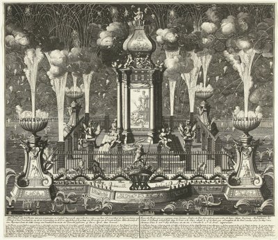 Fyrværkeri ved fejringen af ​​Utrecht-traktaten, 1713 Billede af teatret med syn ornamenter og constigh fyrværkeri, opført af ordere van Haar Ed. Groot Mog: Heeren Staten van Holland og West Vriesland (...) i Haag, i vyver ( af Daniël Stopendaal