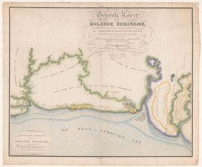 En del af et kort over Surinam Generelt kort over kolonien Surinam, hovedsageligt afbildning af de nuværende bygninger i kolonien (titel på objekt) af Daniël Veelwaard (I)
