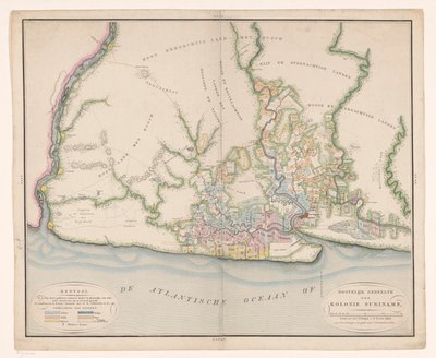 En del af et kort over Surinam Generelt kort over kolonien Surinam, hovedsageligt afbilder de nuværende bygninger i denne koloni af Daniël Veelwaard (I)