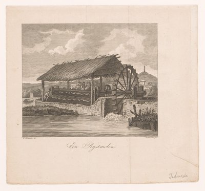 Rismølle drevet af et vandhjul En rismølle (titel på objekt) af Daniël Veelwaard (I)