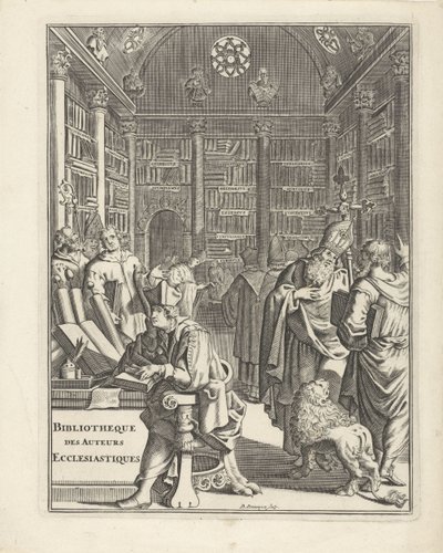 Biblioteksinteriør med præster Titelblad for: Bibliotheque des Authors Ecclesiastiques, uden årstal af Daniël met de Penningen