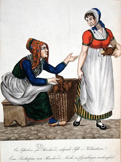 Fiskekone fra Skovshoved sælger fisk i København, begyndelsen af det nittende århundrede (farve litho) af Danish School