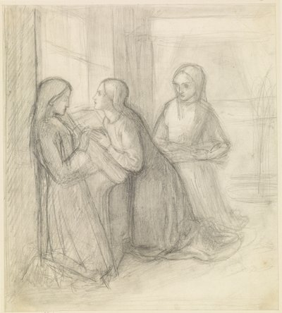 (Muligvis) Sankt Elizabeth af Ungarn knælende med sine ledsagere Isentrudis og Guta af Dante Gabriel Charles Rossetti
