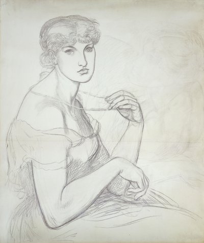 En siddende kvinde holder en halskæde, til højre en anden kvindeskikkelse, af Dante Gabriel Charles Rossetti