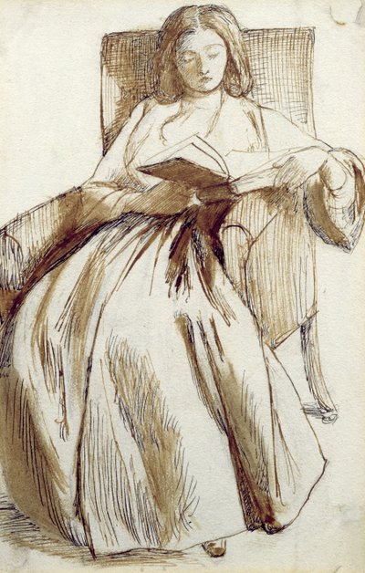 Elizabeth Siddal læser en bog (pen & blæk og vask) af Dante Gabriel Charles Rossetti