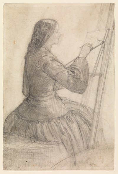 Elizabeth Siddal siddende ved et staffeli, maleri, 1854-55 ca af Dante Gabriel Charles Rossetti