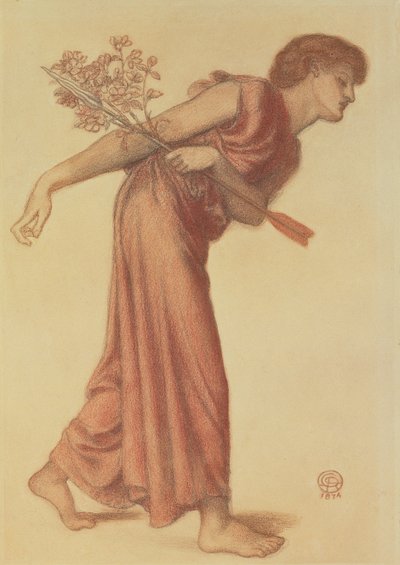 Studie til kærlighedsfiguren i Dantes drøm ved Beatrices død, 1874 (sort og rød farveblyant på grønt papir) af Dante Gabriel Charles Rossetti