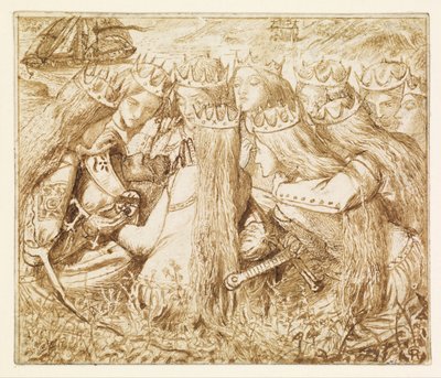 Udkast til Moxons Tennyson - kong Arthur og de grædende dronninger af Dante Gabriel Rossetti