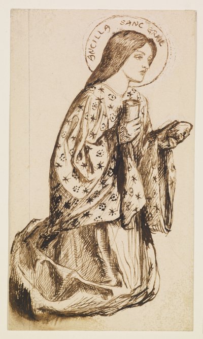 Launcelot ved den hellige grals helligdom - Studie til Den hellige grals engel af Dante Gabriel Rossetti