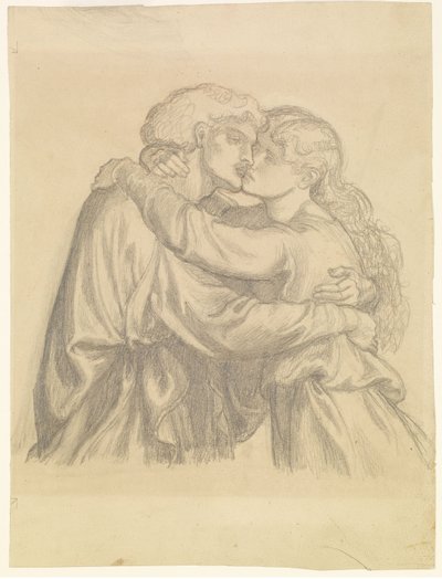 Den velsignede Damozel - Studie af to elskende, der omfavner hinanden af Dante Gabriel Rossetti