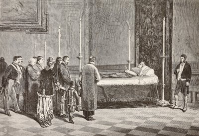 Kardinal Giacomo Antonellis lig liggende i tilstand i et af rummene i Vatikanet, gravering fra en tegning af Dante Paolocci fra L