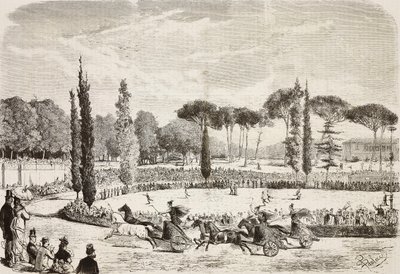 Vogneløb i Villa Borghese, Rom, Italien, gravering fra tegning af Dante Paolocci fra L