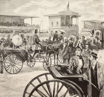 Elegante mænd og kvinder deltager i et hestevæddeløb på racerbanen, Rom, Italien, gravering fra en tegning af Dante Paolocci, fra L