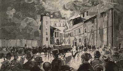 Brand af israelske skoler i 1893, Rom, Italien, gravering efter tegning af Dante Paolocci, fra L