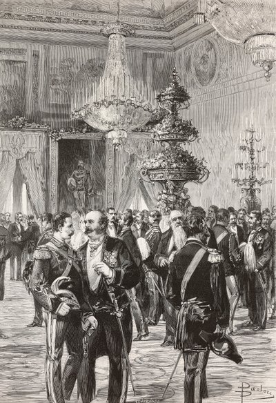 Italienske politikere og officerer fejrer nytårsaften i Quirinal Palace, Rom, Italien, gravering af Centenari fra tegning af Dante Paolocci, fra L