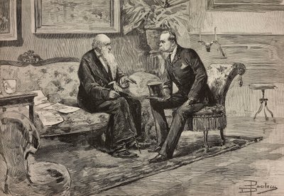 Kong Umberto I af Savoyen (1844-1900) og præsident for råd Agostino de Pretis (1813-1887), gravering fra tegning af Dante Paolocci, fra L