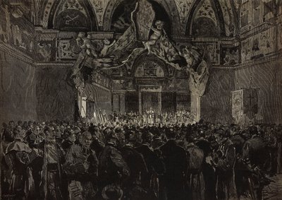 Leo XIII modtager franske pilgrimme i Ducal Hall, Pavelige Jubilee, Vatikanet, gravering fra tegning af Dante Paolocci, fra L