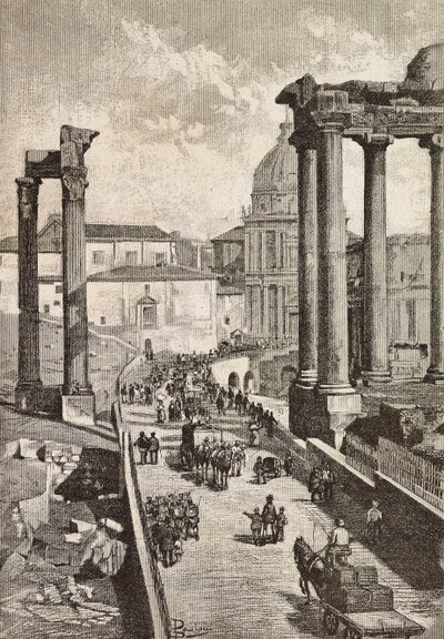 Passage gennem Forum, Rom, Italien, gravering fra tegning af Dante Paolocci, fra L