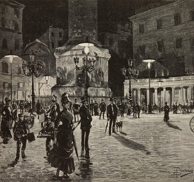 Piazza Colonna valaistu sähkövalolla, Rooma, Italia, piirustus Dante Paolocci, kaiverrus L