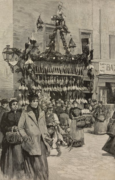 Fjerkræbutik i Rom til jul, Italien, gravering efter tegning af Dante Paolocci, fra L