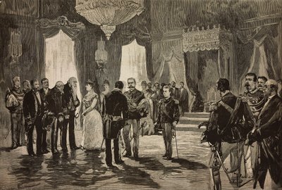 Prins af Napoli, Alfonso Maria Giuseppe Alberto af Bourbon-Two Sicilies i underløjtnantuniform, ved nytårsreceptionen i Quirinal, Italien, gravering fra tegning af Dante Paolocci, fra L