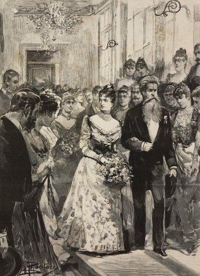 Dronning Margherita af Savoyen til fest i den kunstneriske klub (Circolo Artistico) i Rom, ledsaget af billedhugger Giulio Monteverde, Italien, gravering efter tegning af Dante Paolocci, fra L
