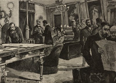 Læsesal i Palazzo Montecitorio, Rom, Italien, gravering efter tegning af Dante Paolocci, fra L