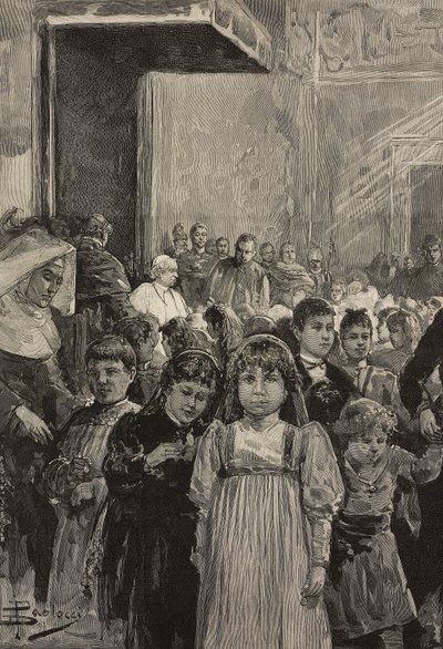 Modtagelse af børn ved jubilæumsfejringer af pave Leo XIII, Vatikanet, gravering efter tegning af Dante Paolocci, fra L