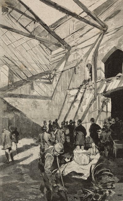 Rester af israelsk teater efter brand i 1893, Rom, Italien, gravering efter tegning af Dante Paolocci, fra L