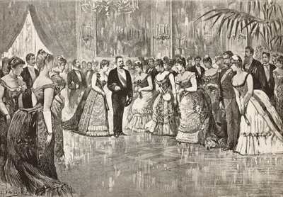 Umberto I (1844-1900), konge af Italien, og hans kone Margherita af Savoyen (1851-1926) ved bal i Quirinal Palace, Rom, Italien, gravering fra tegning af Dante Paolocci, fra L