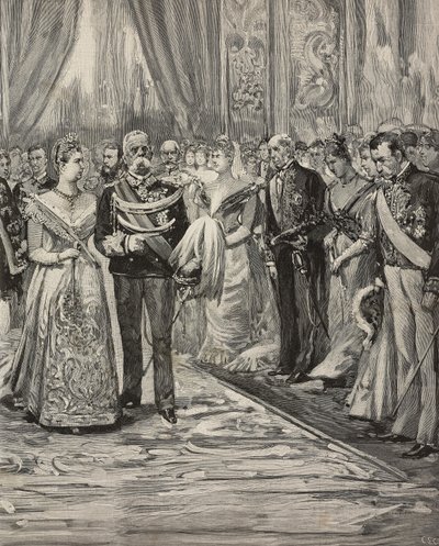 Umberto I og Margherita af Savoyen til koncert i anledning af deres sølvbryllup, Palazzo del Quirinale, Rom, Italien, gravering efter tegning af Dante Paolocci, fra L