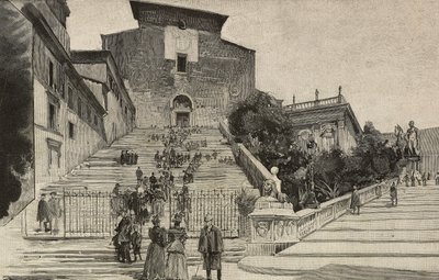 Udsigt over basilikaen Santa Maria i Aracoeli, Rom, Italien, gravering efter tegning af Dante Paolocci, fra L