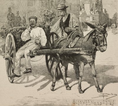 Vandsælger (acquarolo), der sælger vand fra Acetosa-fontænen i gaderne i Rom, Italien, gravering efter tegning af Dante Paolocci, fra L
