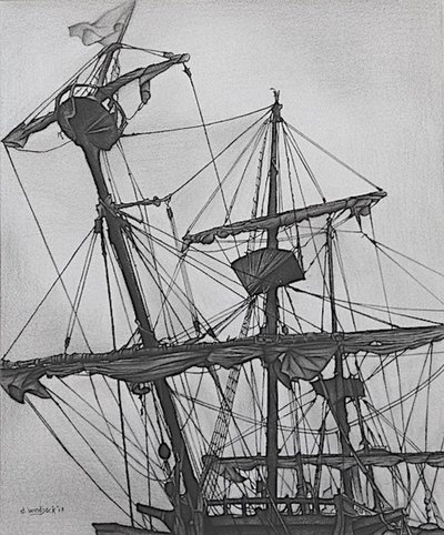 Ghostly Galleon, 2017 (blyant, blæk på papir) af Darrell Windjack