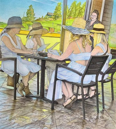 Ladies Who Lunch, 2023 (blyant på papir) af Darrell Windjack